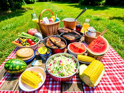 Picnic table loaded with summer BBQ spread, coleslaw, watermelon, corn