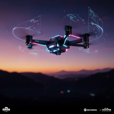 Drone hovering at eye level against a gradient sunset sky