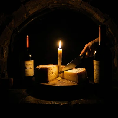 A cellar scene: a single candle illuminating a wheel of cheese being cut, the kn