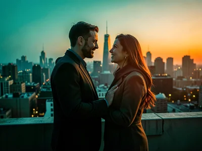 Couple on city rooftop