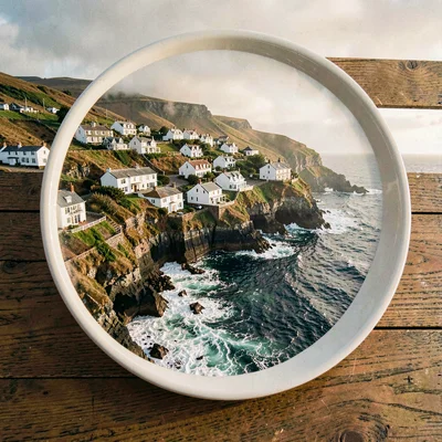 Half-page atmospheric plate of a clifftop fishing village at the Atlantic edge,