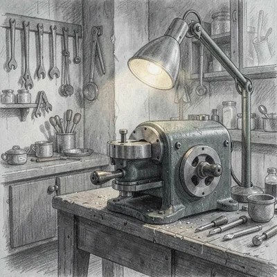 Hands-on workshop scene of a metal lathe in a dim shop, single warm task lamp gl
