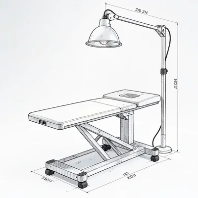 Blueprint study of a clinic exam table with overhead lamp, fine technical perspe