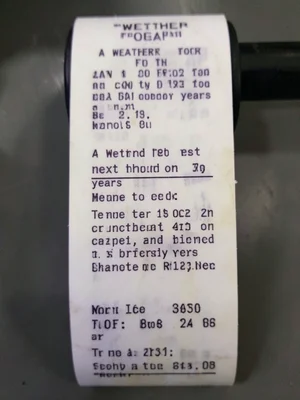 A weather forecast for the next hundred years printed on one continuous receipt 