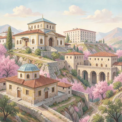 Historical layers visible simultaneously in Plovdiv, Bulgaria, pastel painted Ot