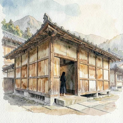 a Japanese mountain Buddhist nunnery at clear morning, painted timber walls warm