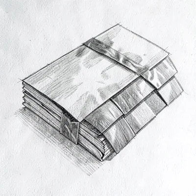 Pen-and-ink rendering of a bundle of architectural shingles bound with tar paper
