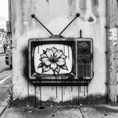 Television set with a flower growing out of the screen, sprayed on a utility box