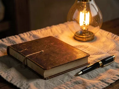Warm still-life of a hand-bound journal beside a fountain pen on a linen cloth,