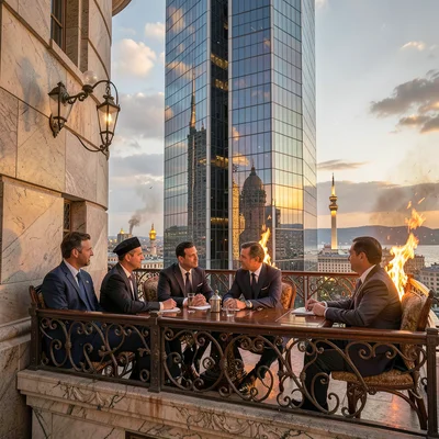 Oil-baron nouveau meeting Flame Tower modernity in windy Baku, ornate balcony ir