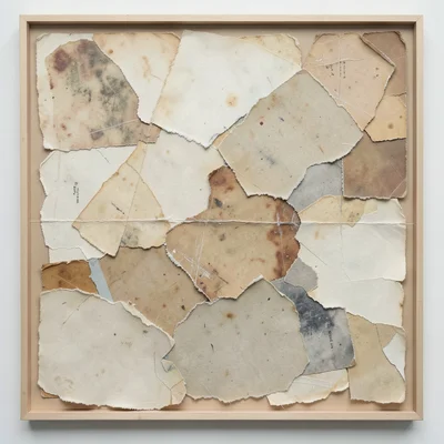 Dense palimpsest collage, torn papers pasted and then partially torn away again 