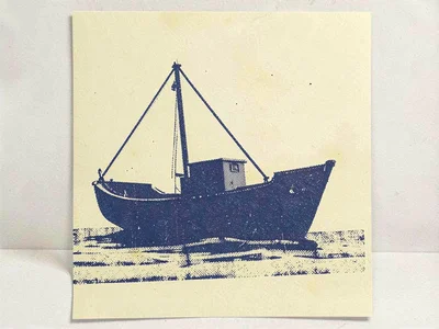 Riso style share-card motif of a halftone fishing boat silhouette in spot navy o