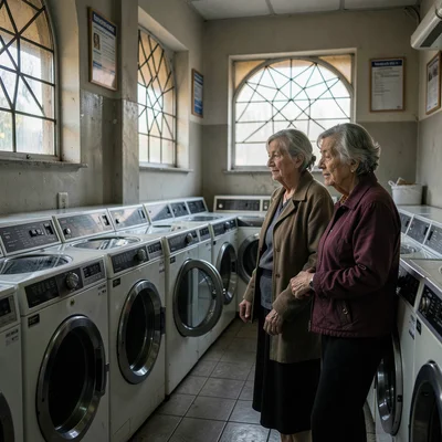 Two elderly women conversing while their machines spin