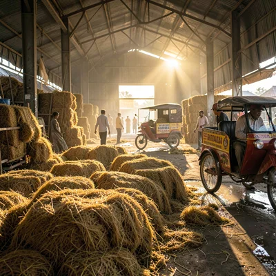 Kinetic density of Dhaka, Bangladesh, Jute fiber drying in warehouse, golden tex