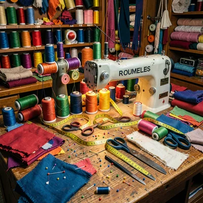 Densely layered composition, rich saturated colors, Seamstress workstation cover