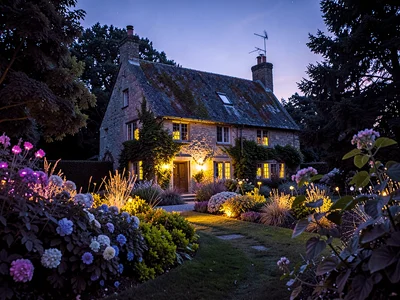 Cottage surrounded by glowing garden