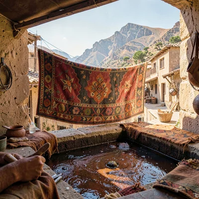 Through the Fes tannery eye, leather and dye craft, Berber carpet hanging in a m