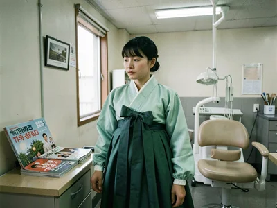 Jade green hanbok waiting in dentist office, magazines on side table