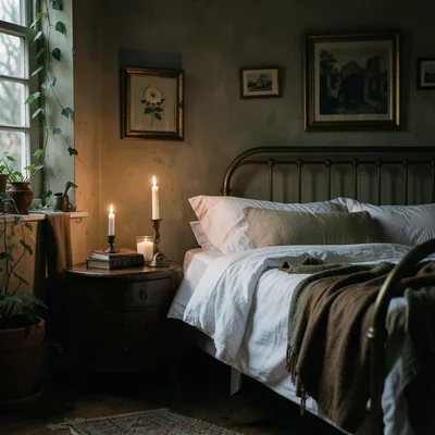 A bedroom with a brass bed frame, white linen, a stack of books on the nightstan