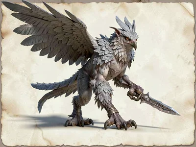 Battle-ready coastal-harpy with steel-grey feathers and a single bone-blade clut