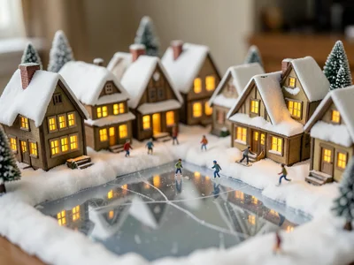 A tabletop winter village: houses with LED-lit windows, a frozen mirror lake, co
