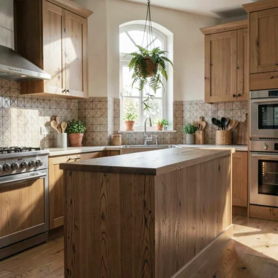 Interior of a kitchen with a teak peninsula and a Heath-tile backsplash, soft da