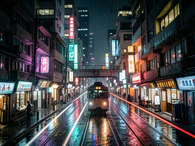 Elevated train passing through a canyon of illuminated buildings, long exposure 