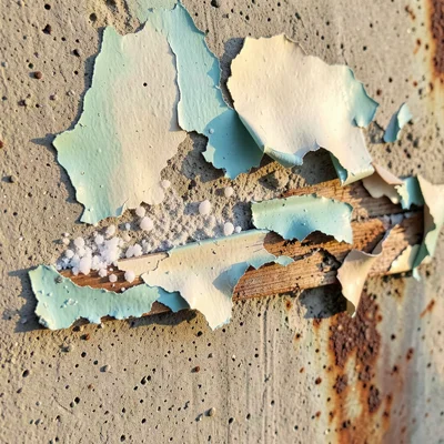 Concrete wall paint, mineral efflorescence pushing paint off from behind, white 