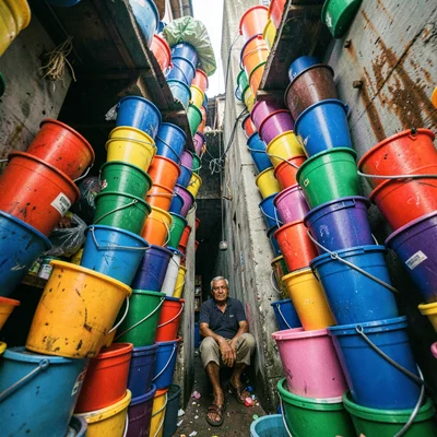 High-energy street photograph, Market stall stacked impossibly high with plastic