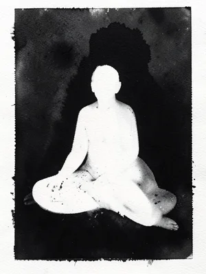 First pull monoprint, rich black ink field with areas wiped to reveal a seated f