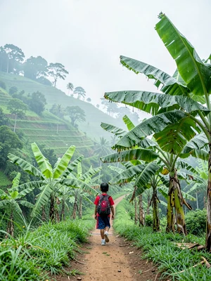 Emerald green hills through morning mist in Kigali, Rwanda, Child walking to sch