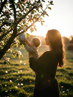 A woman lifting a small child to reach a decorated egg hidden in the crook of a 