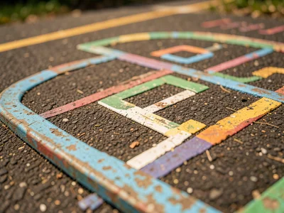 A painted hopscotch grid on asphalt, the paint faded and chipped, repainted and 