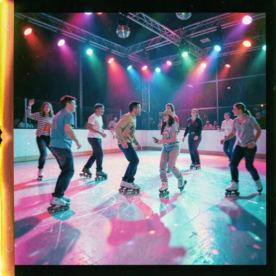 Cross-processed slide film photograph, Roller skating rink under disco lights, m