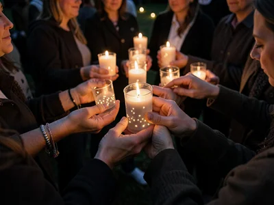 Dozens of hands cupping candles at an outdoor vigil, the faces barely visible bu