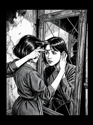 Cutting hair in broken mirror