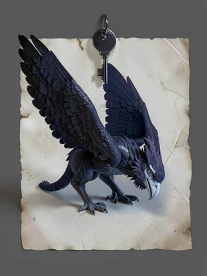 Shadow-feathered harpy with deep midnight wings and a pale moonlit face, body lo