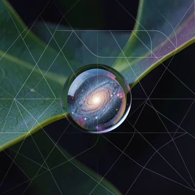 Dewdrop on leaf but reflection shows galaxy, macro meets cosmic scale