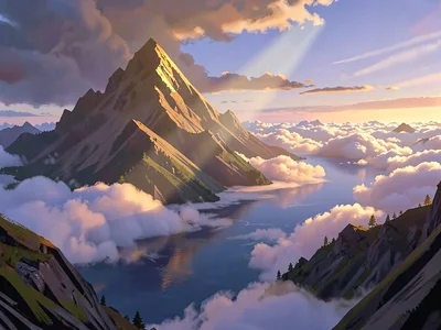 Floating-cloud sea view from a mountain summit, single beam through cloud break,