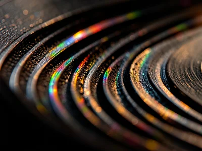 Vinyl groove spiral at 100x magnification, individual groove walls visible as pa