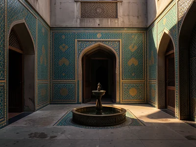 Elaborate zellige tilework in turquoise and gold, Moroccan riad courtyard, fount