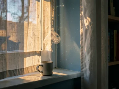 Coffee mug in morning light shaft