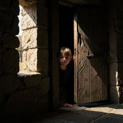 Dramatic natural light streaming through stone openings, deep chiaroscuro shadow