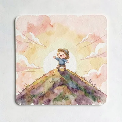 Square IG launch tile of a tiny character stretching at sunrise on a small paint