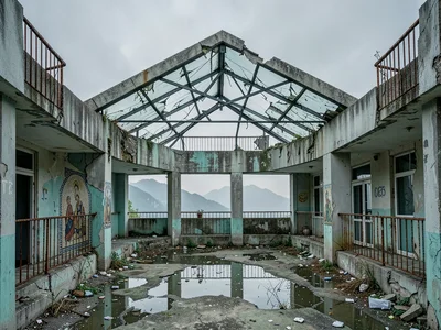 Rooftop Solarium with Broken Glass and Mountain Vista