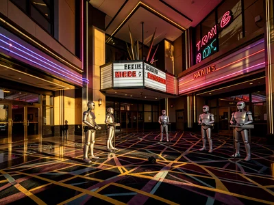Art deco movie palace lobby with robot ushers, geometric carpet, neon marquee