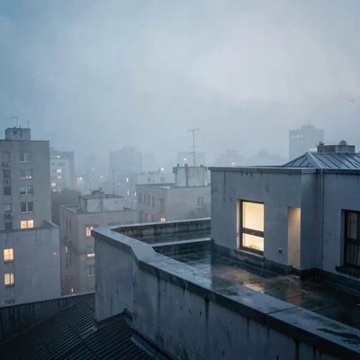 Rooftop view of a quiet city at predawn with a single lit office window, faint f