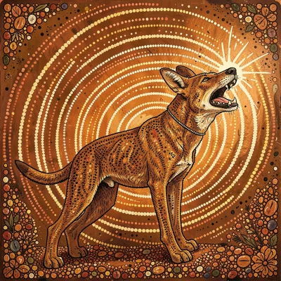 Indigenous Australian dot painting illustration, a dingo howling with sound wave