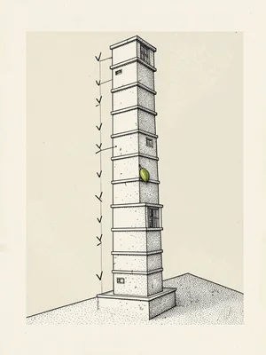 Architectural-style elevation of a tall thin tower of stacked modules with handw
