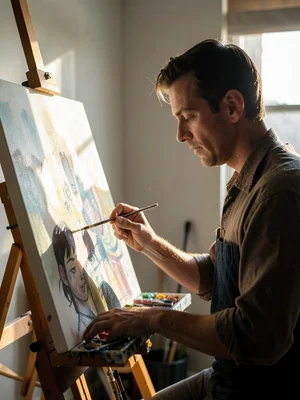 Painter studying canvas in north light studio, face half-illuminated